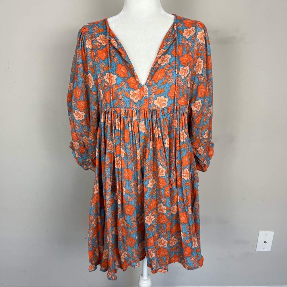 SUNDRY FLORAL MINI SHIFT DRESS SIZE 2 (MEDIUM) SLEEVES ORANGE AND BLUE - Picture 7 of 16
